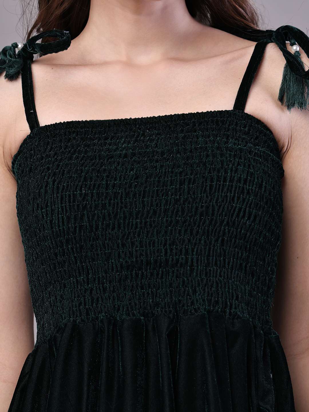 Women's Bottle Green Junglee Pattern Velvet Handkerchief Hem Dress Midi Dresses - Image 5